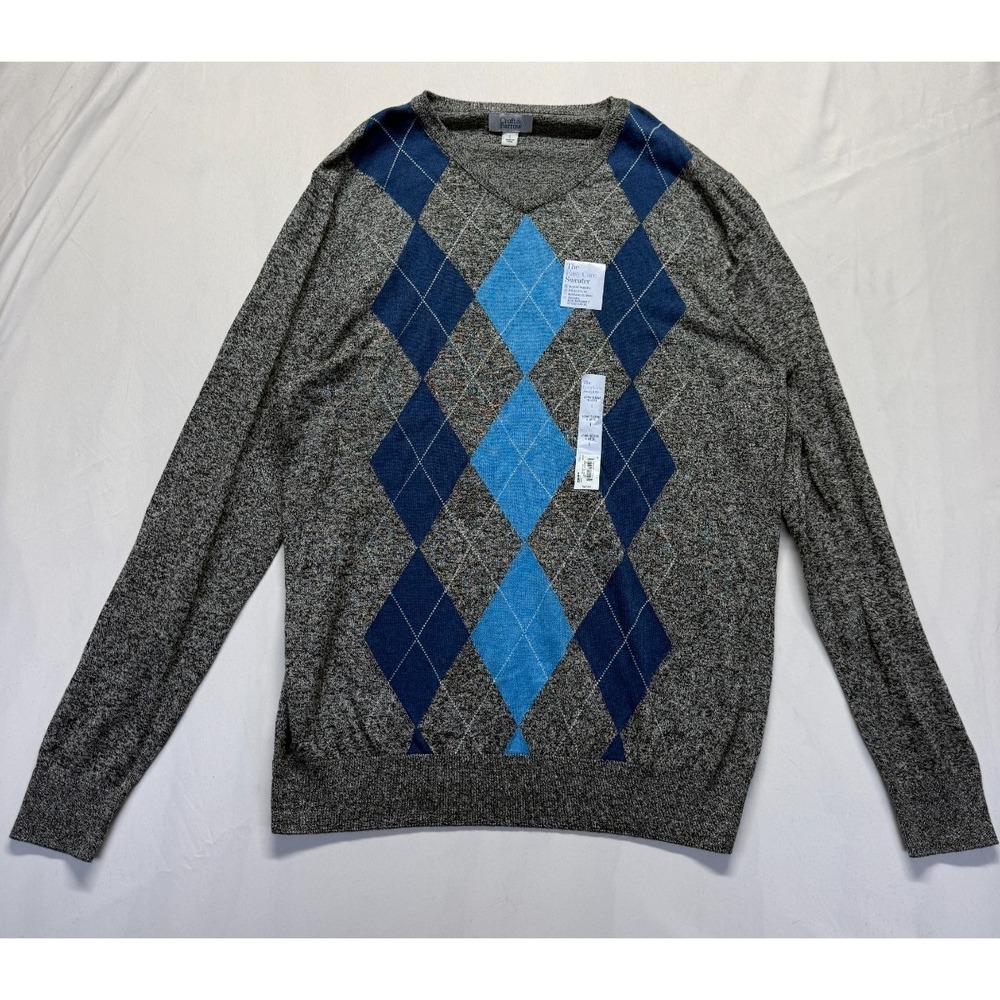 Croft & Barrow Sweater Mens‎ Large Heather Gray Argyle Diamond Tight Knit V Neck